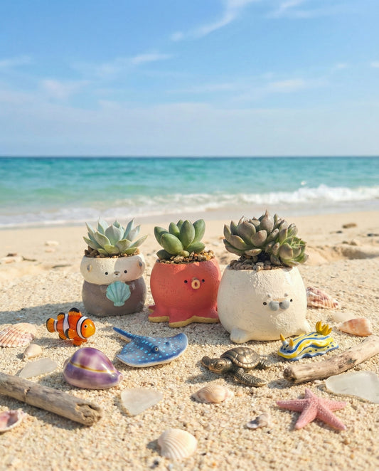 🌊 【肉肉動物園】微型水族館！海洋萌寵章魚海獺小海豹大集合 Ｘ 真實一吋多肉盲盒 (開箱即擺｜辦公桌的沁涼綠洲｜含盆土專業組裝)