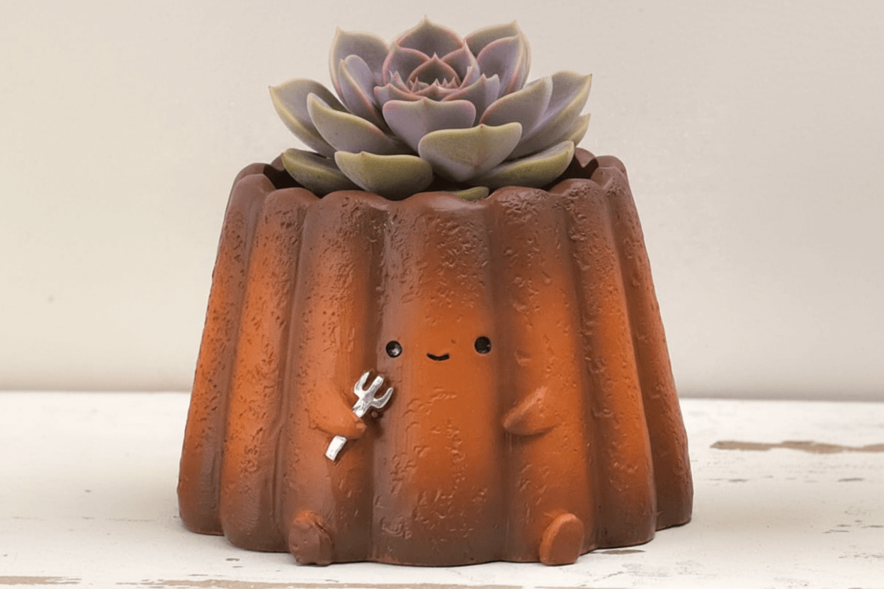 可愛的可麗露造型多肉植物盆栽，包含多肉植物，適合作為【肉肉甜點店】0熱量的甜蜜爆擊！可麗露多肉盲盒 (Canelé Pot) 的禮物。