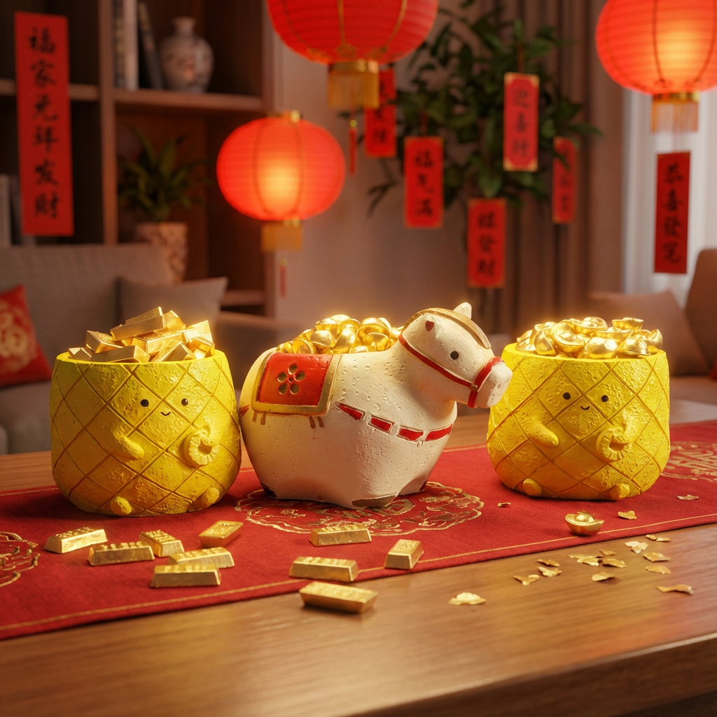 馬年好運旺旺旺 鳳梨多肉盲盒【財庫爆滿組】(仿真純金元寶/金磚版)