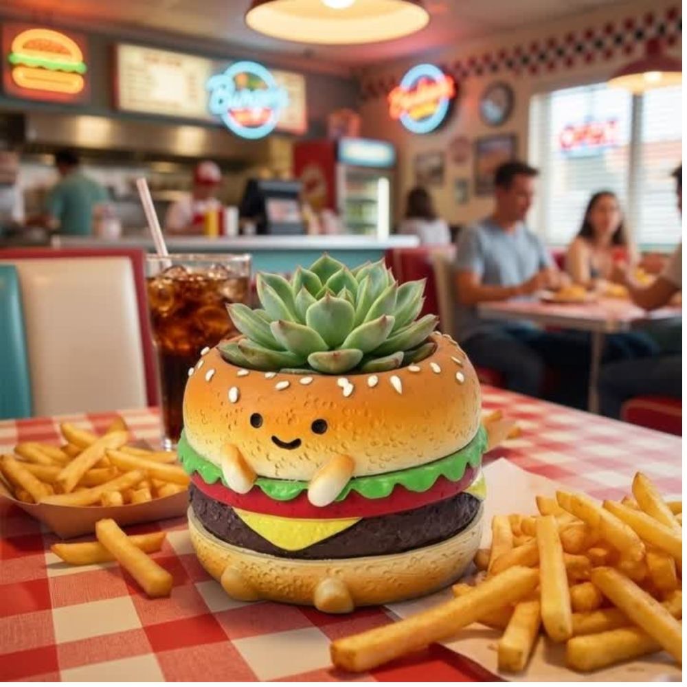 🍔🍙🍞 【肉肉早餐店】・元氣三寶真實多肉植物盲盒 (漢堡/吐司/飯糰｜零熱量早午餐｜辦公桌微型盆栽｜含盆土) 一吋多肉花盆