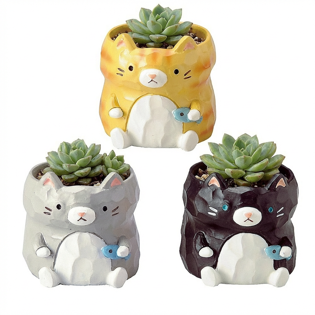 【肉肉動物園】魚你同行貓咪多肉花盆組合X3
