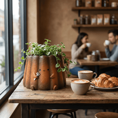 【肉肉甜點店】0熱量的甜蜜爆擊！可麗露多肉盲盒 (Canelé Pot) 與咖啡和美味羊角包的餐桌擺設