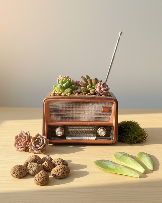 📻 【肉肉玩具箱】時光記憶！復古電視機與收音機 大多肉混植盆栽組 (開箱即擺｜多品種澎湃混植｜含盆土專業組裝)