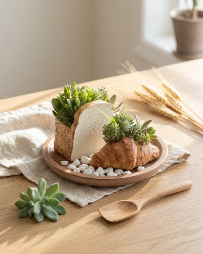 🥐 【拼肉肉】肉肉甜點店｜法式金黃可頌 Ｘ 真實多肉盲盒 (S/M尺寸任選｜零熱量的法式浪漫｜含盆土專業組裝)