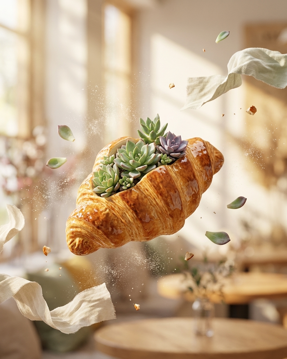🥐 【拼肉肉】肉肉甜點店｜法式金黃可頌 Ｘ 真實多肉盲盒 (S/M尺寸任選｜零熱量的法式浪漫｜含盆土專業組裝)