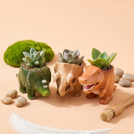 🦖 【拼肉肉】肉肉玩具箱｜史前巨獸 3 入組 Ｘ 真實一吋多肉盲盒 (暴龍+三角龍+化石｜一次帶回三隻｜含盆土專業組裝)