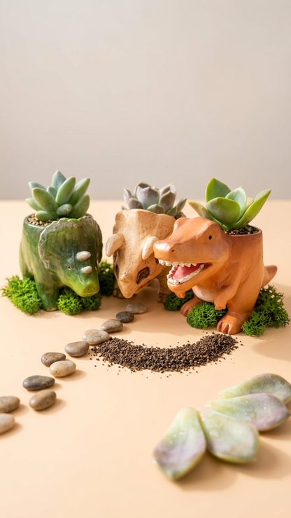 🦖 【拼肉肉】肉肉玩具箱｜史前巨獸 3 入組 Ｘ 真實一吋多肉盲盒 (暴龍+三角龍+化石｜一次帶回三隻｜含盆土專業組裝)