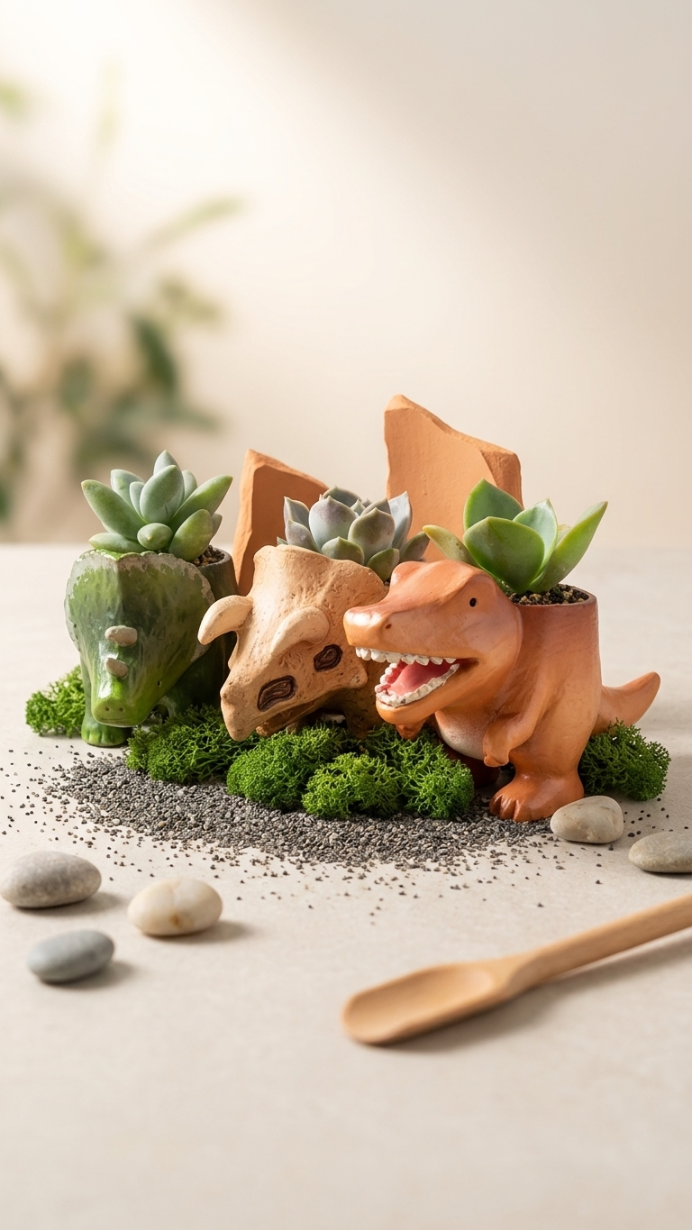 🦖 【拼肉肉】肉肉玩具箱｜史前巨獸 3 入組 Ｘ 真實一吋多肉盲盒 (暴龍+三角龍+化石｜一次帶回三隻｜含盆土專業組裝)
