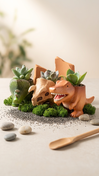 🦖 【拼肉肉】肉肉玩具箱｜史前巨獸 3 入組 Ｘ 真實一吋多肉盲盒 (暴龍+三角龍+化石｜一次帶回三隻｜含盆土專業組裝)